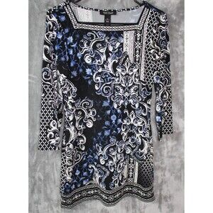 White House Black Market Long Sleeve Floral Blue & Black Dress Women Size XS
